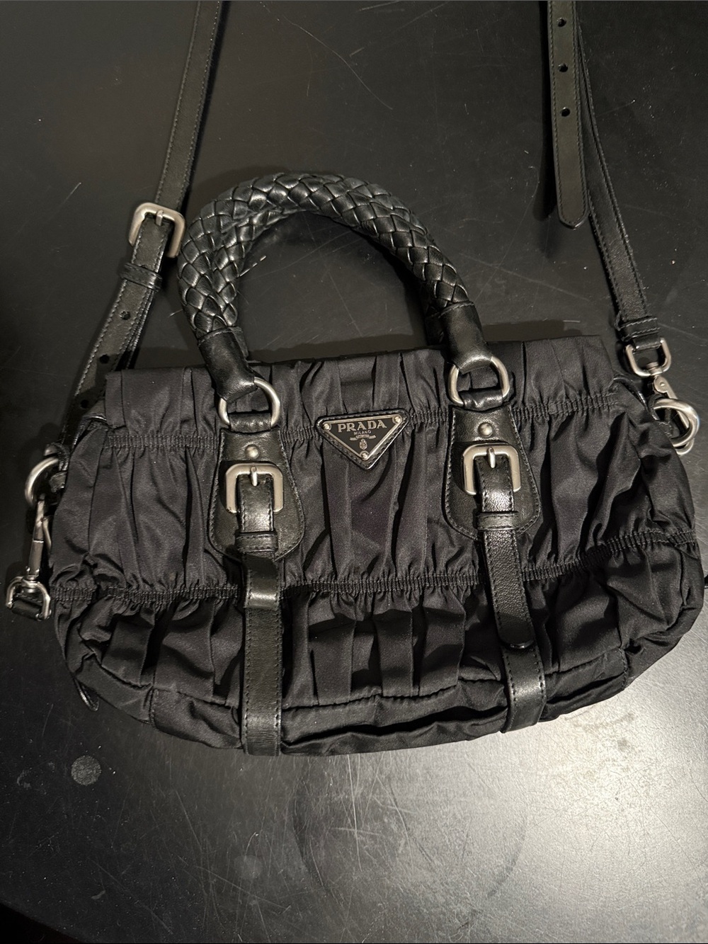 Authentic Prada Black Satin Shoulder crossbody Bag with Braided Leather Handles